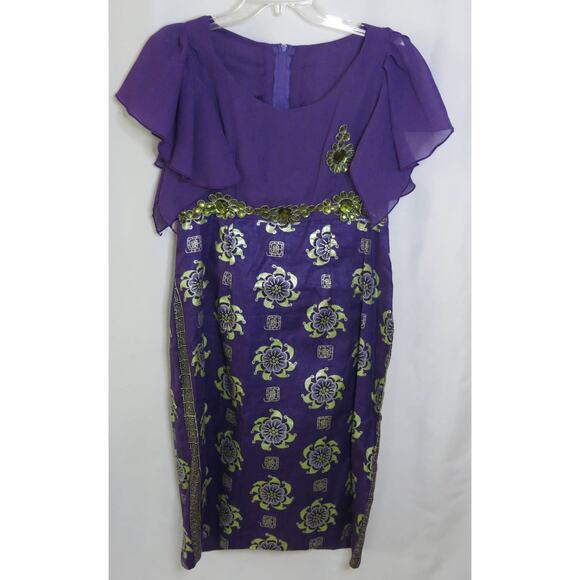 AFRICAN Handmade Ankara Dress Mid Length Short Sleeve Purple/Green with Gems - Picture 1 of 12